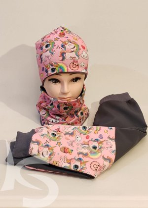 Zimní set čepice s nakrčníkem jednorožci na růžové